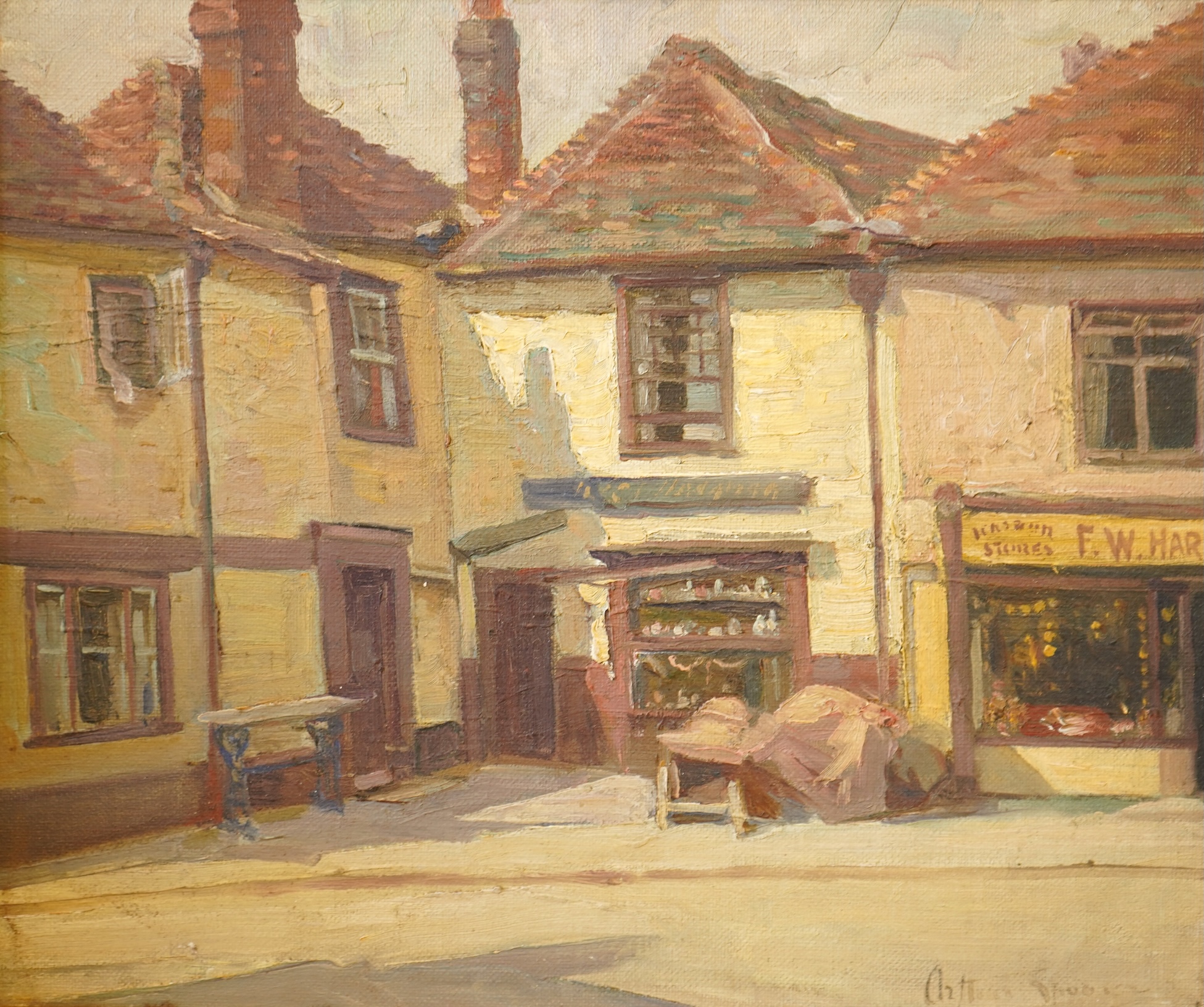 Arthur Spooner (1873-1962), British street scene, signed, oil on canvas board, 30 x 36.5cm, Provenance - Artists summer studio, East coast., Provenance - Summer studio, East coast.